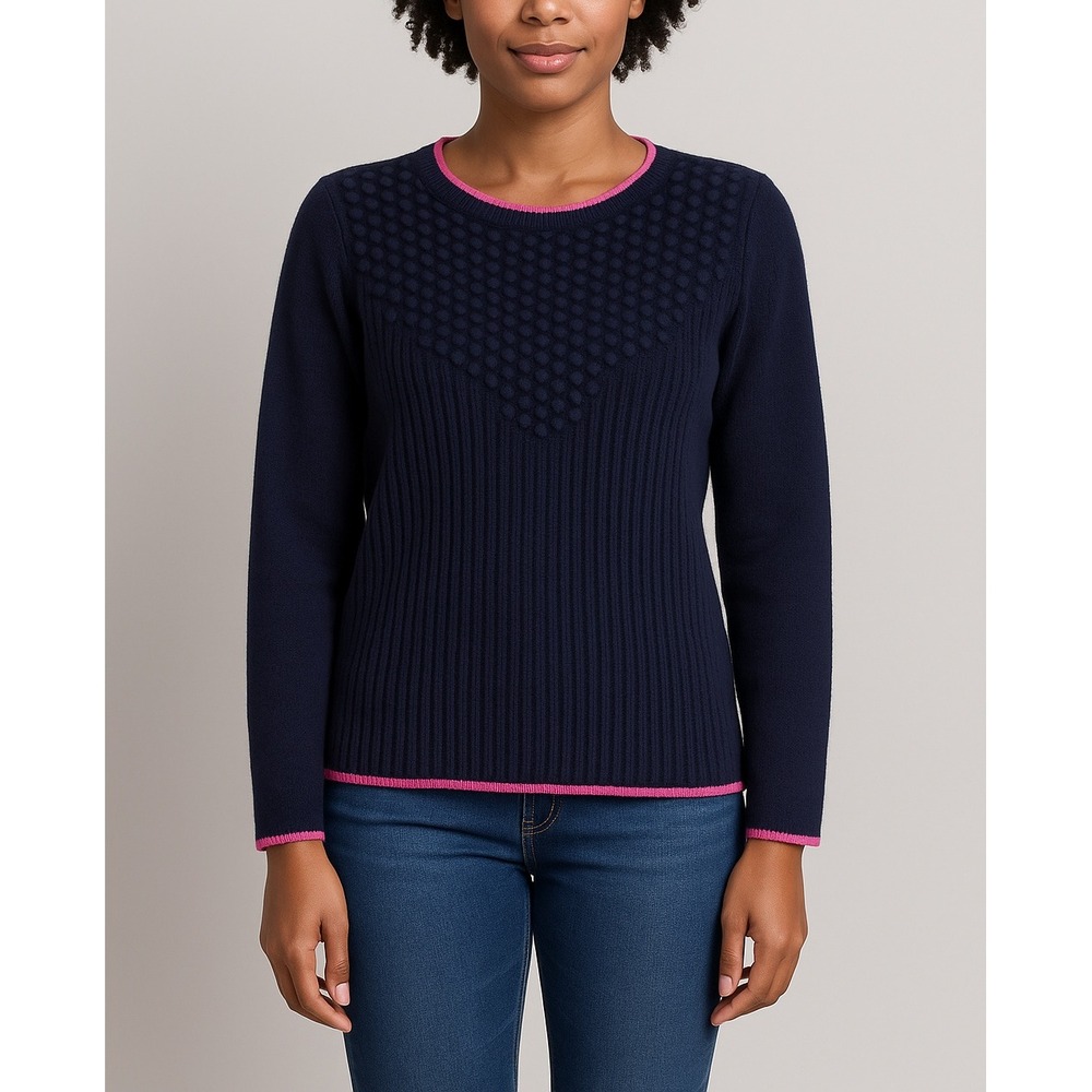Talbots Women's Sweater M Navy Blue Textured Knit‎ Pullover Pink Trim Crewneck